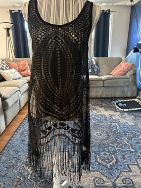 Black Crochet Fringe Cover-Up Swim Dress